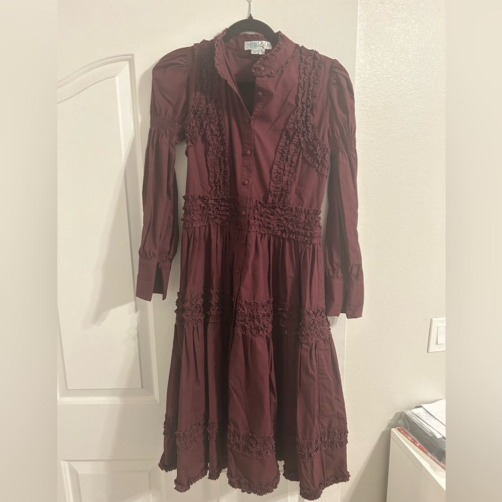 Long Sleeve Ruffle Midi Dress in Burgundy